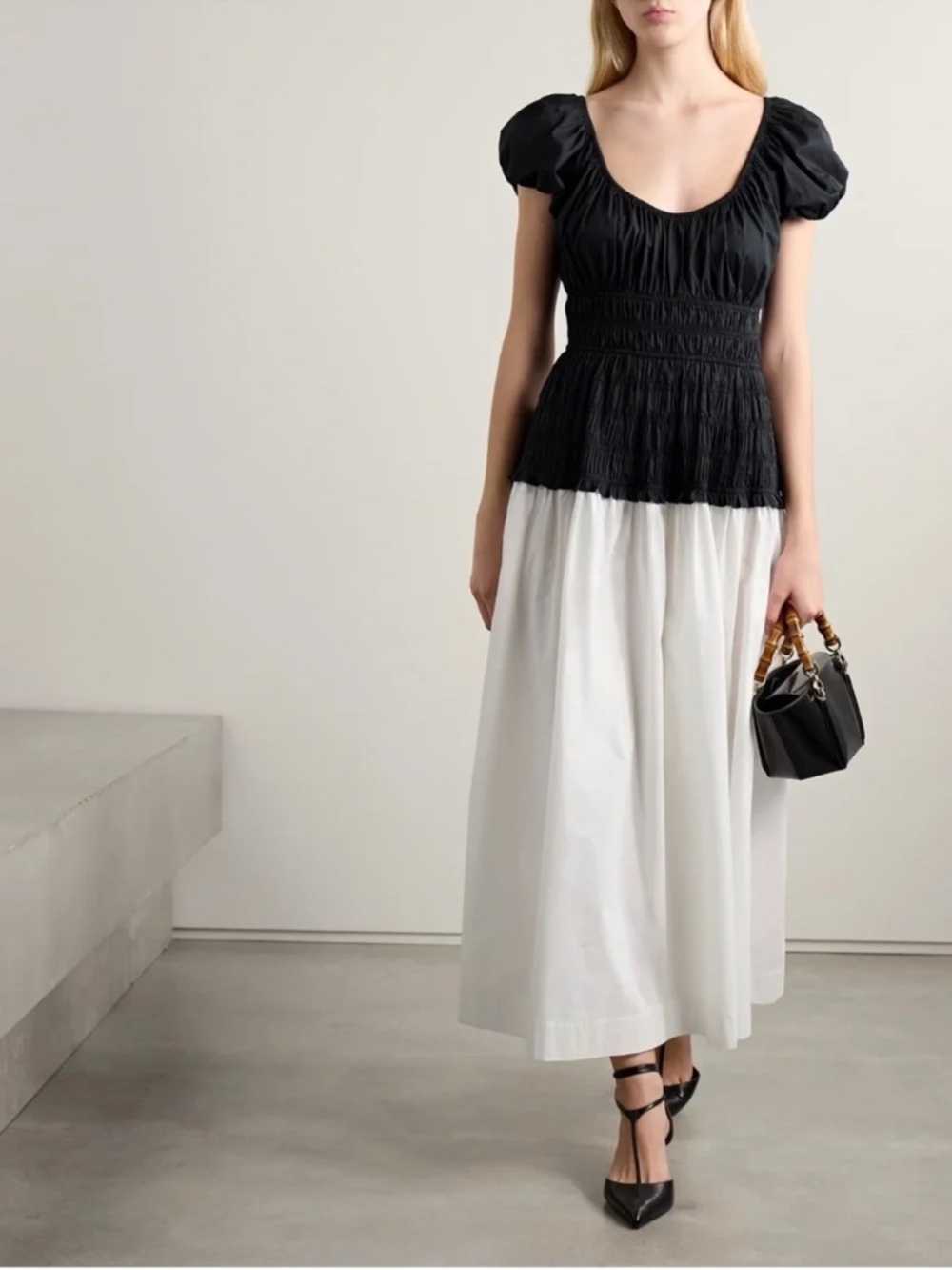 DÔEN Enya Two-Tone Ruched Organic Cotton Poplin Midi Dress XXS